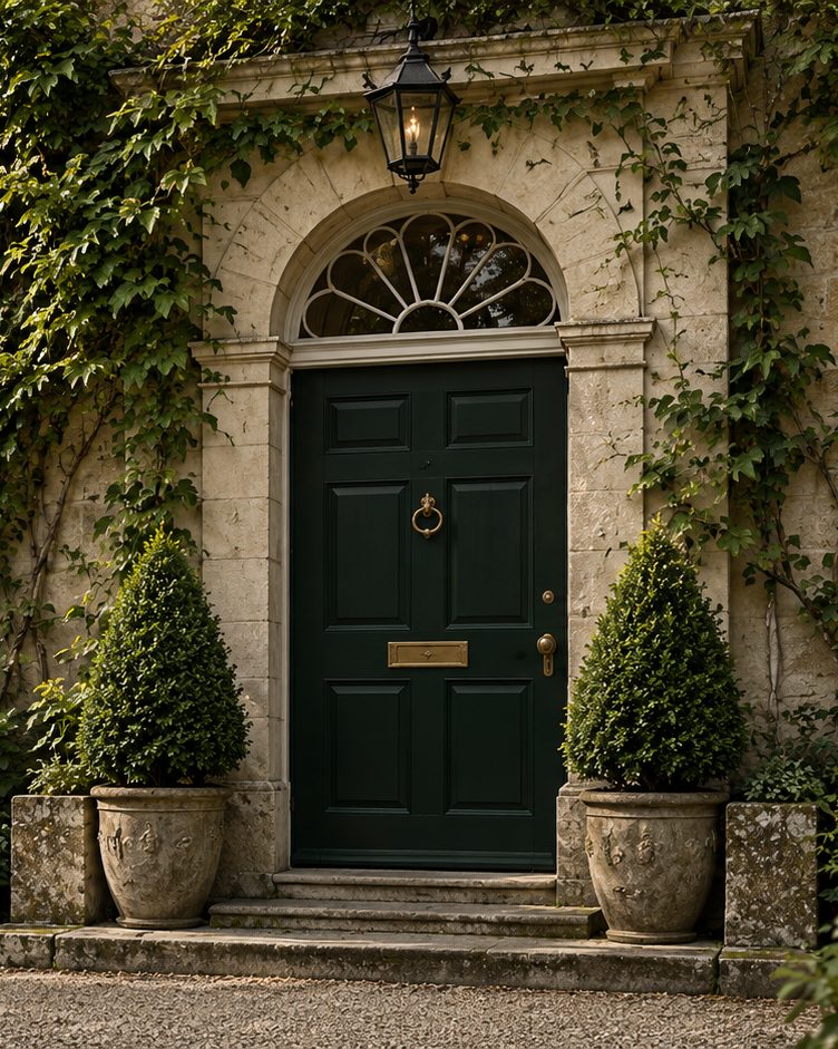 A bottle-green Georgian front door with a fanlight, framed by ivy